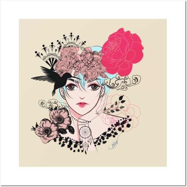 Floral woman with hummingbird Wall Art by Anonic